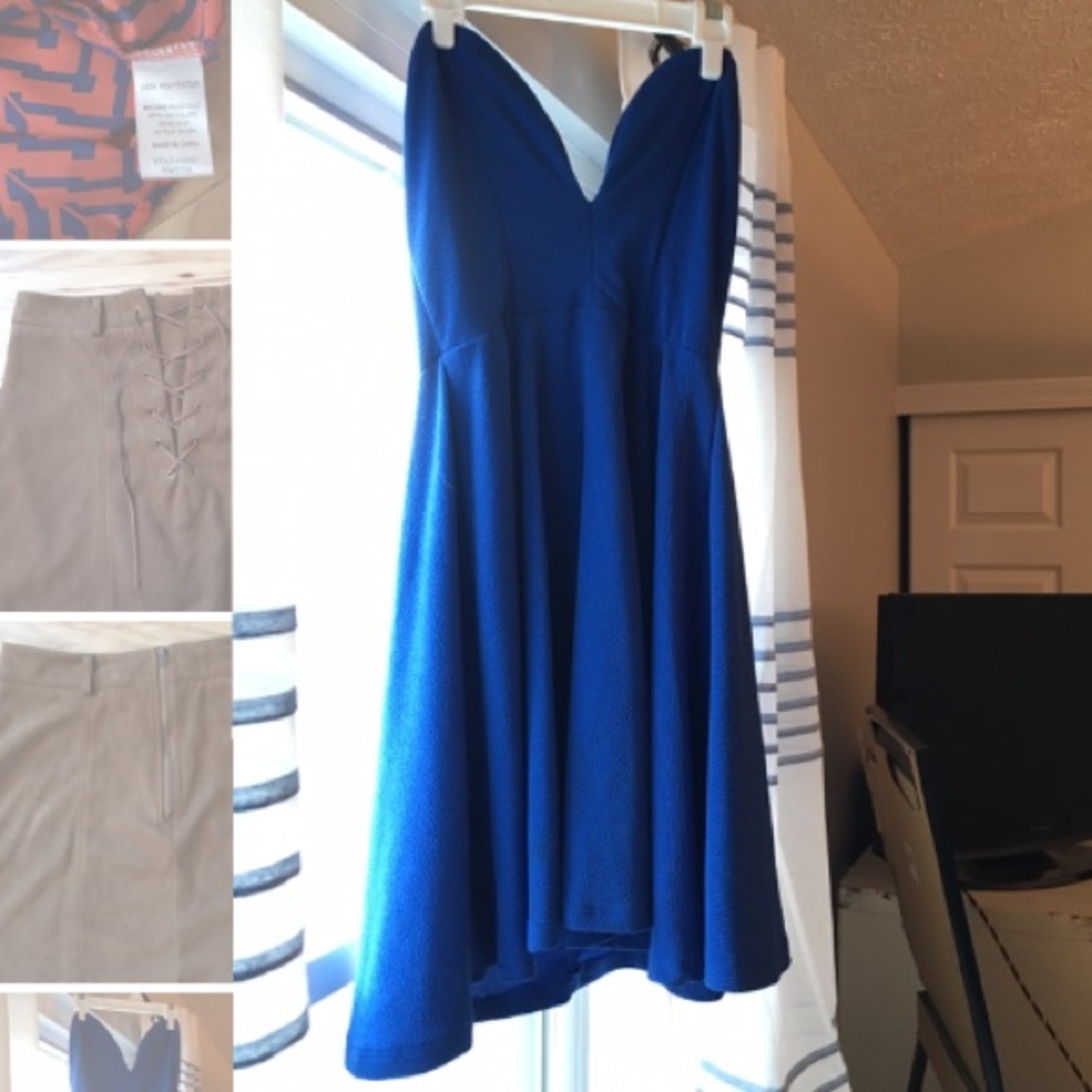Royal blue strapless mini dress with plunging neck